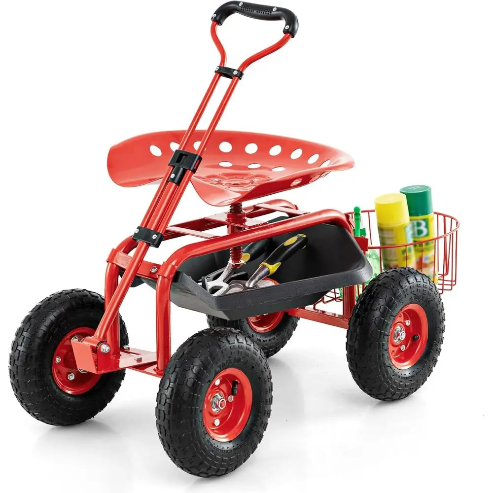Gardening Tools Basket - Adjustable Garden Cart with Swivel Seat,